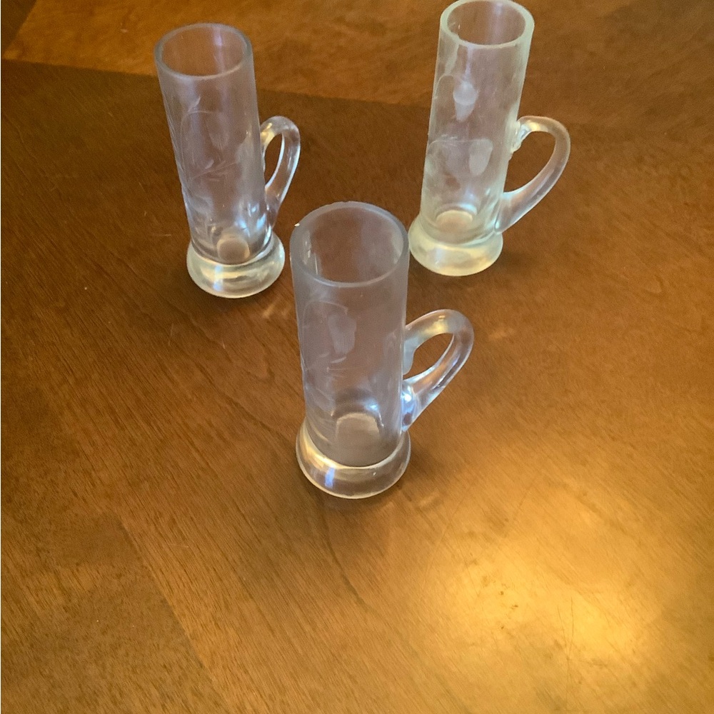 Vintage Frosted Glass Handled Shot Glasses | Mini Steins Cordial Mugs | Set of 3